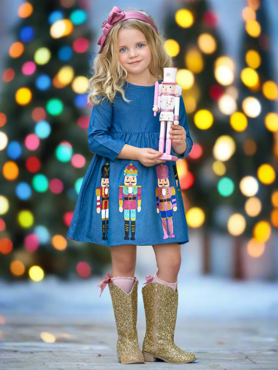 Enchanting Nutcracker Glitter Denim Dress