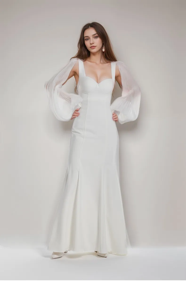 Ethereal Sculpted Bust Mermaid Gown with Sheer Balloon Sleeves