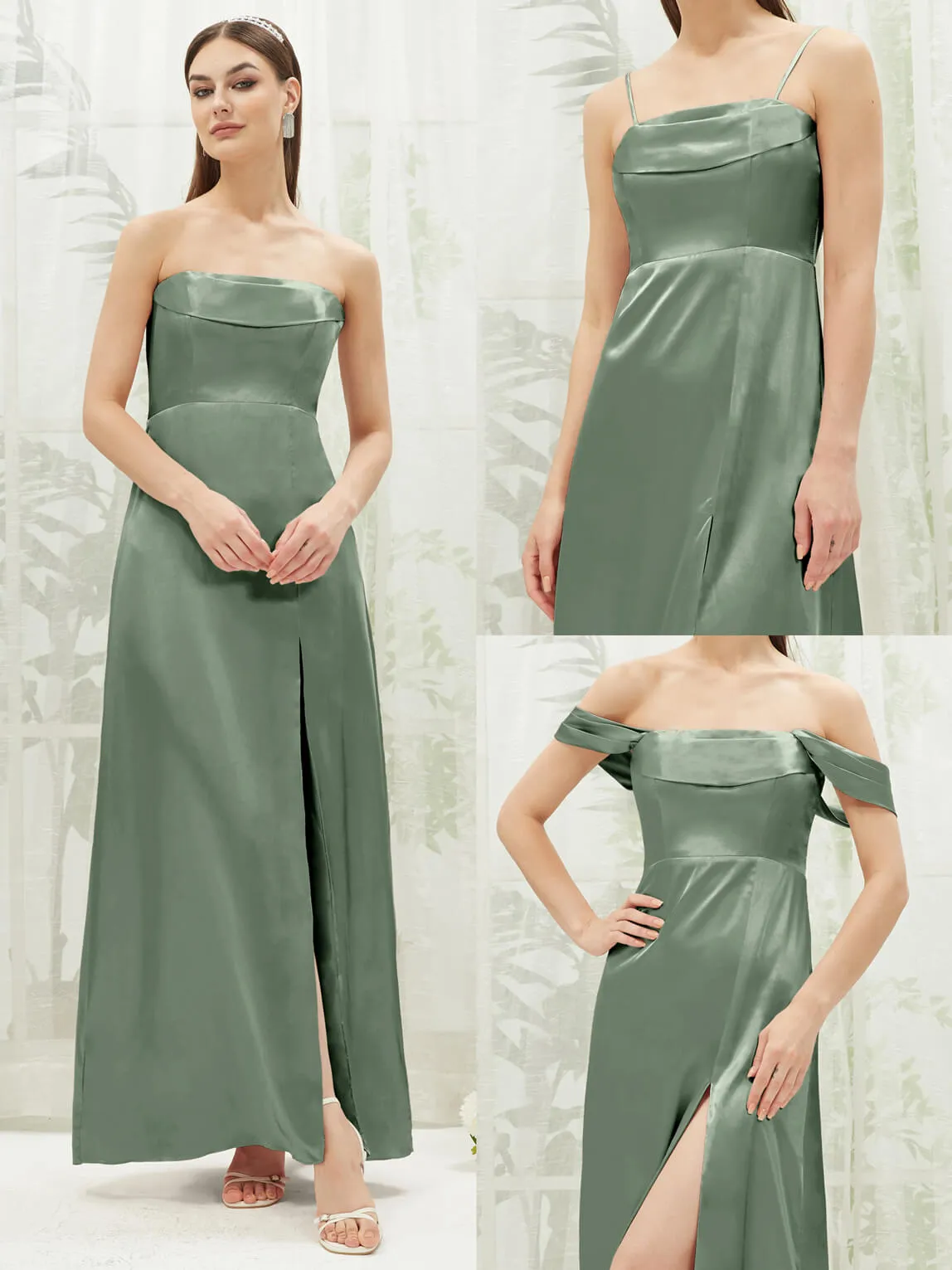Eucalyptus Satin Convertible Slit Floor Length  Bridesmaid Dresses