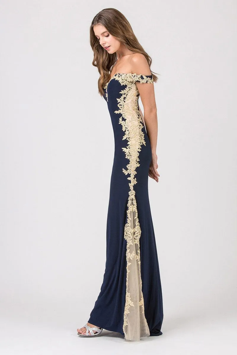 Eureka 7006 Off-Shoulder Long Mermaid Dress with Lace Trim