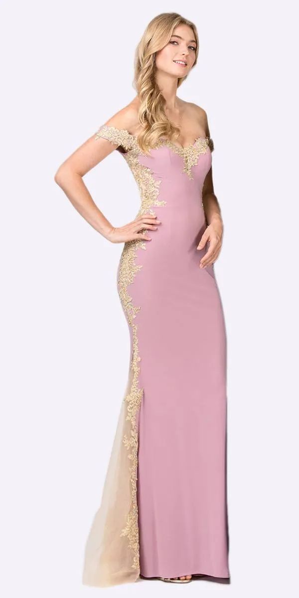 Eureka 7006 Off-Shoulder Long Mermaid Dress with Lace Trim