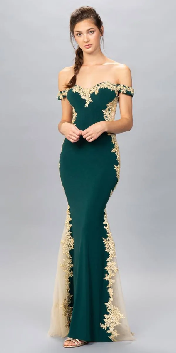 Eureka 7006 Off-Shoulder Long Mermaid Dress with Lace Trim