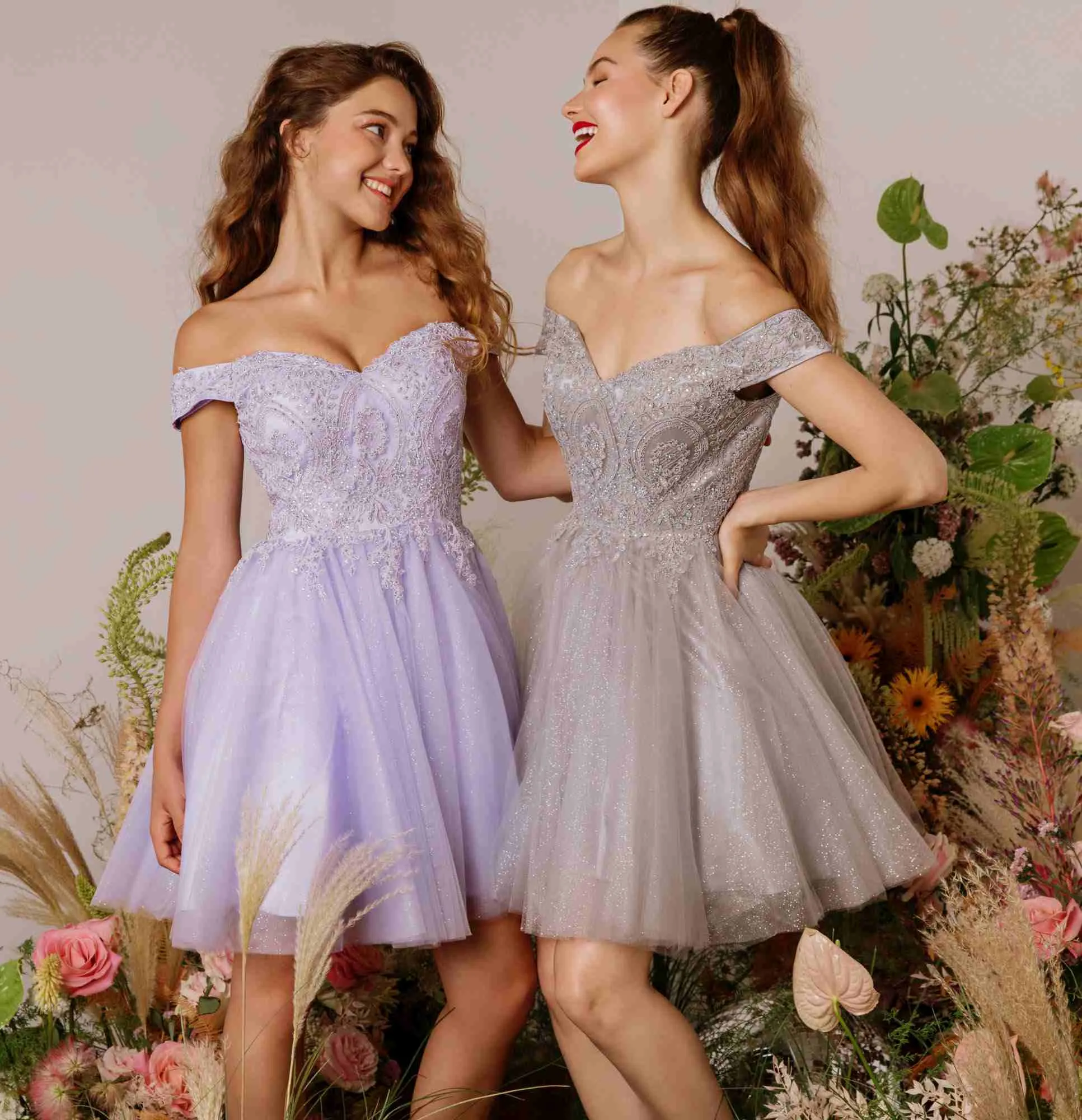 Eureka 9833 Short A-Line Off Shoulder Glitter Mesh Dress