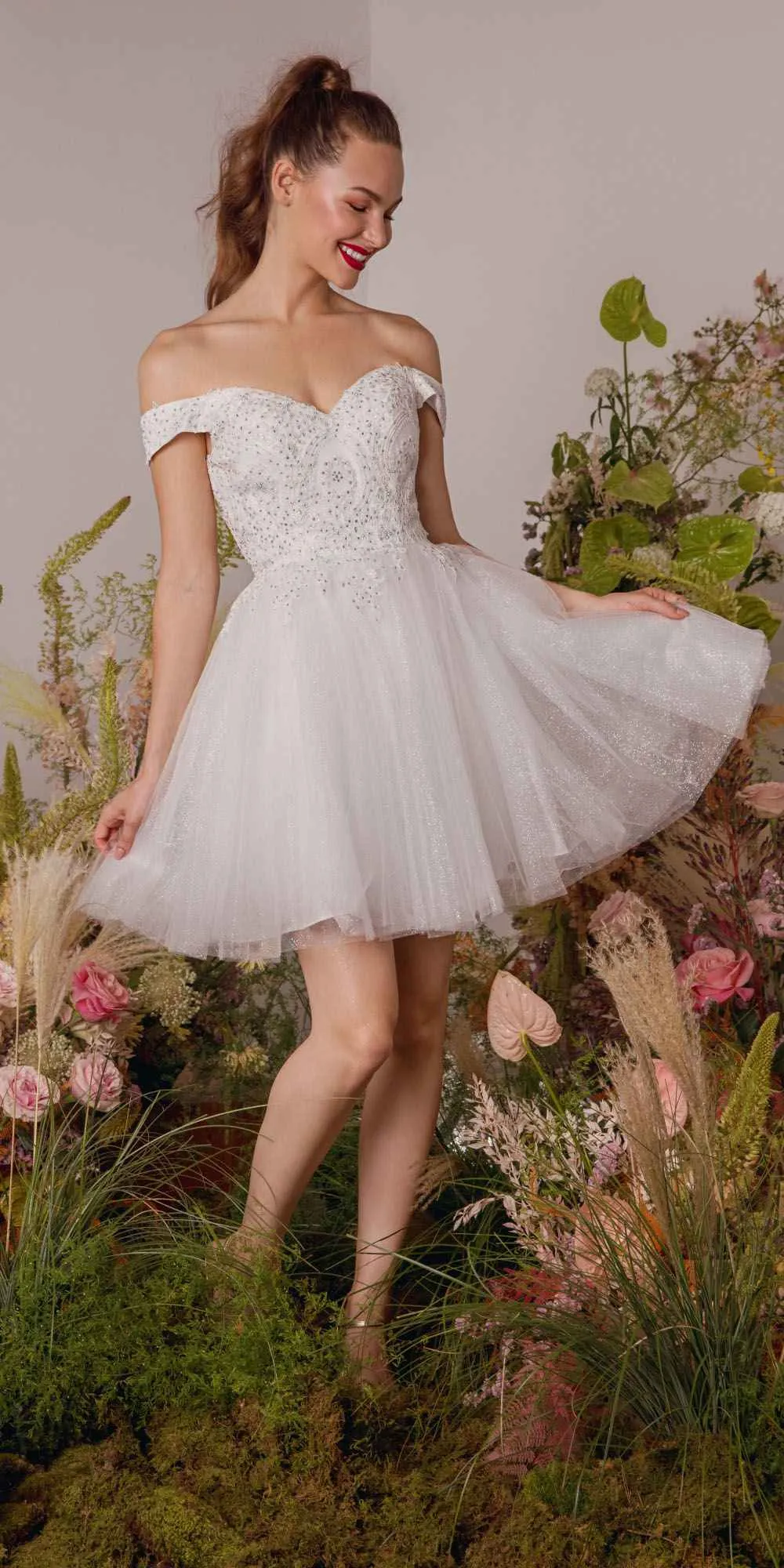 Eureka 9833 Short A-Line Off Shoulder Glitter Mesh Dress