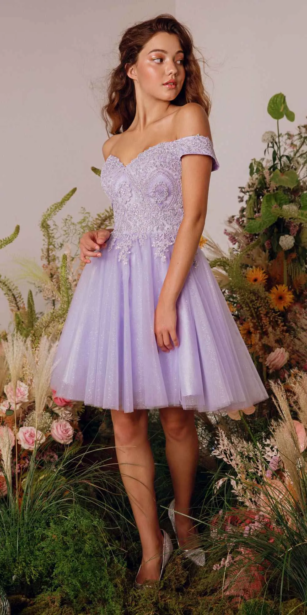 Eureka 9833 Short A-Line Off Shoulder Glitter Mesh Dress