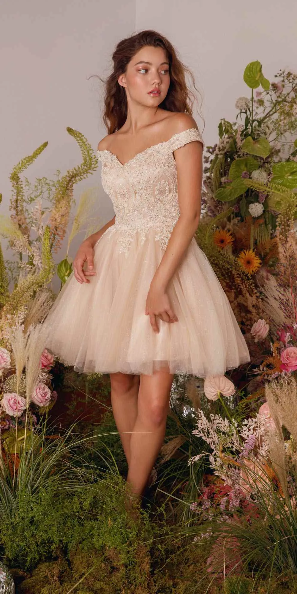 Eureka 9833 Short A-Line Off Shoulder Glitter Mesh Dress