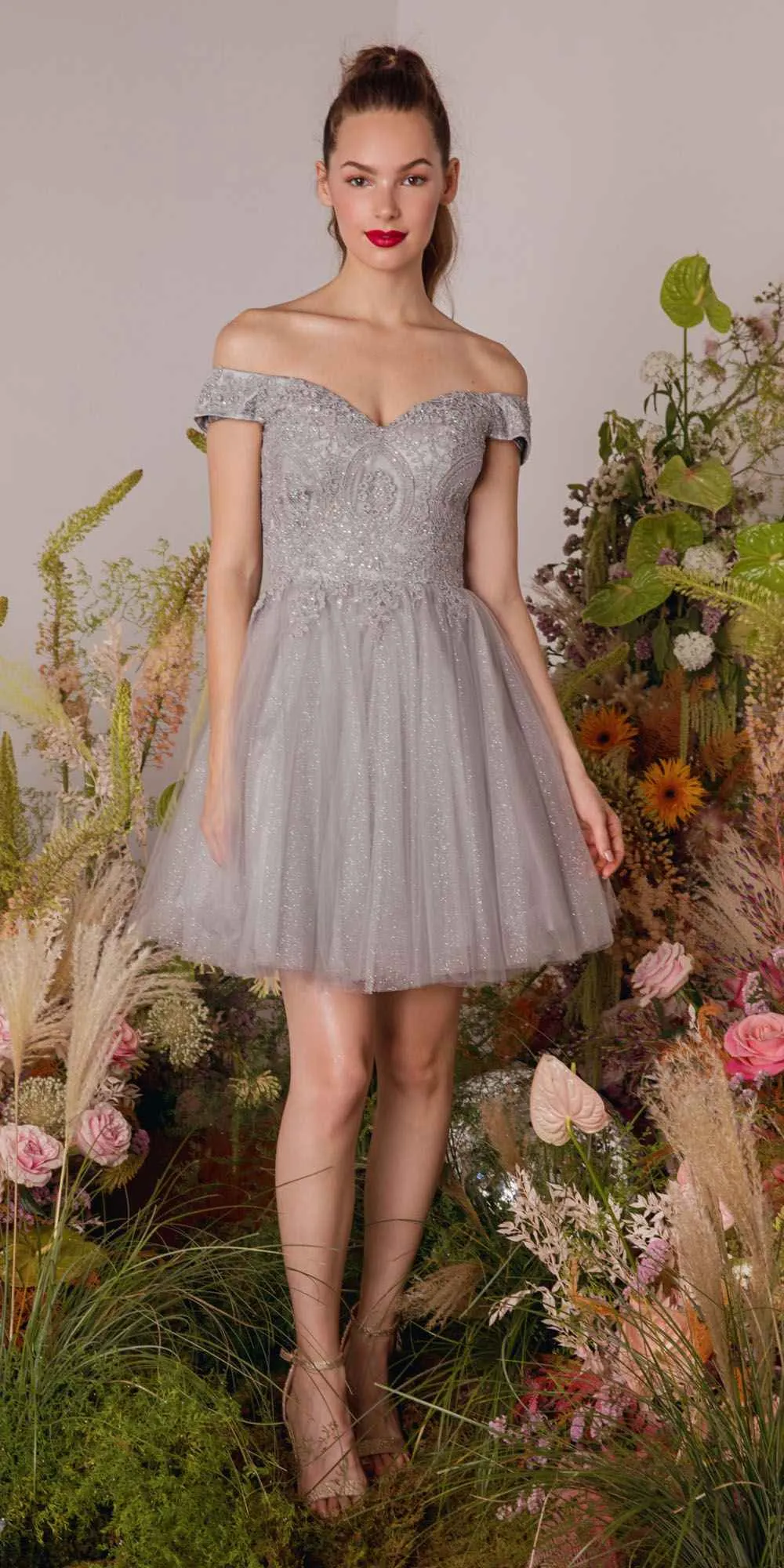 Eureka 9833 Short A-Line Off Shoulder Glitter Mesh Dress