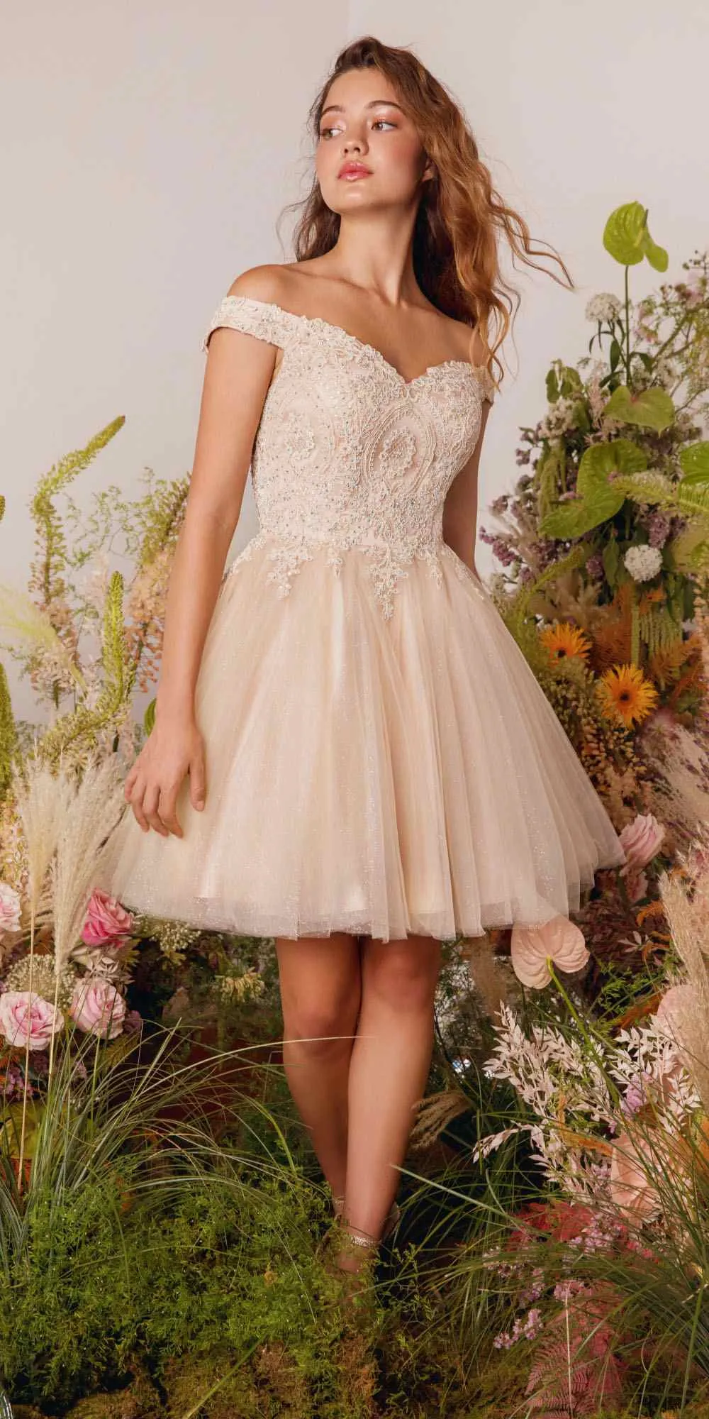 Eureka 9833 Short A-Line Off Shoulder Glitter Mesh Dress