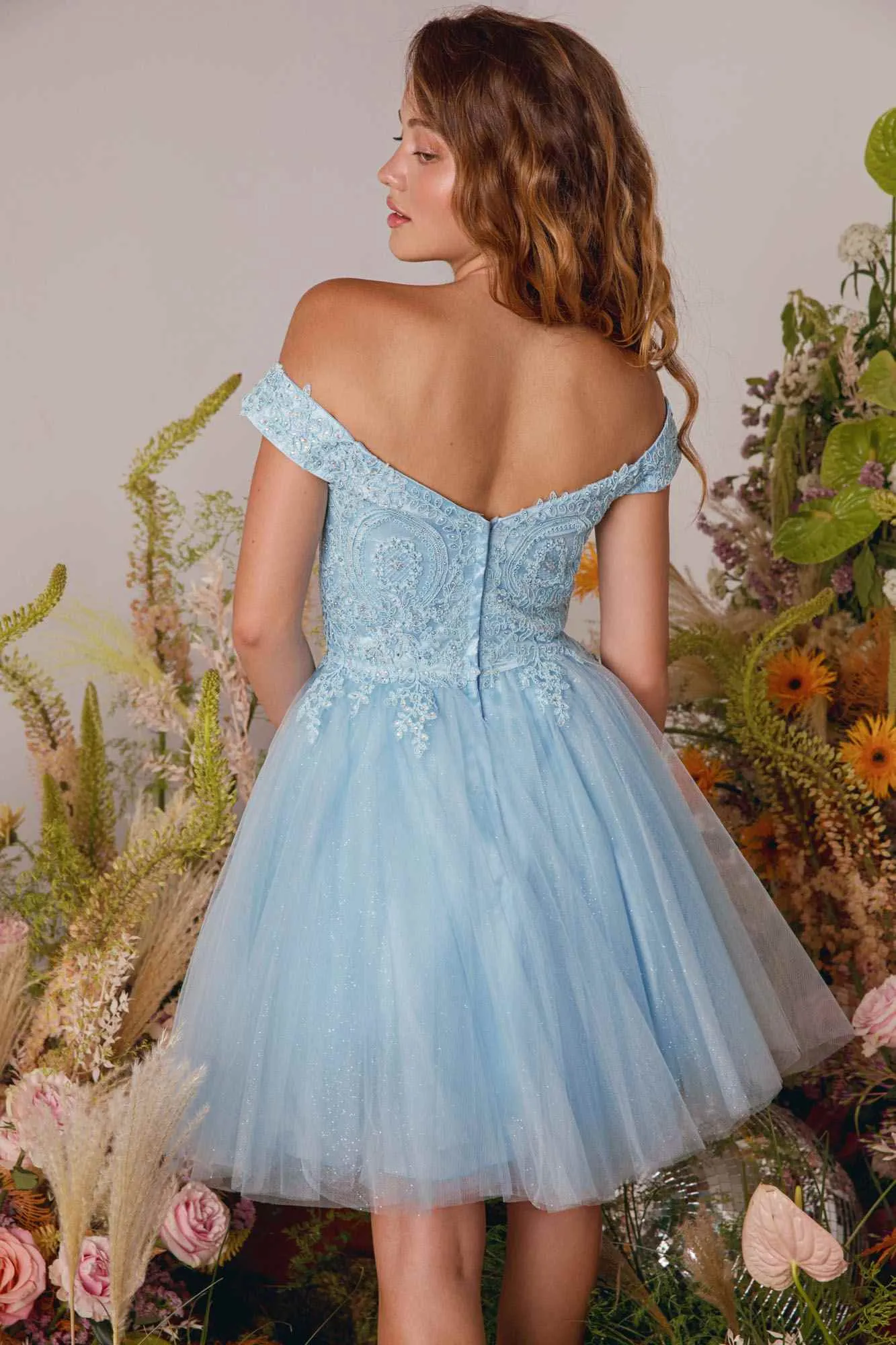 Eureka 9833 Short A-Line Off Shoulder Glitter Mesh Dress
