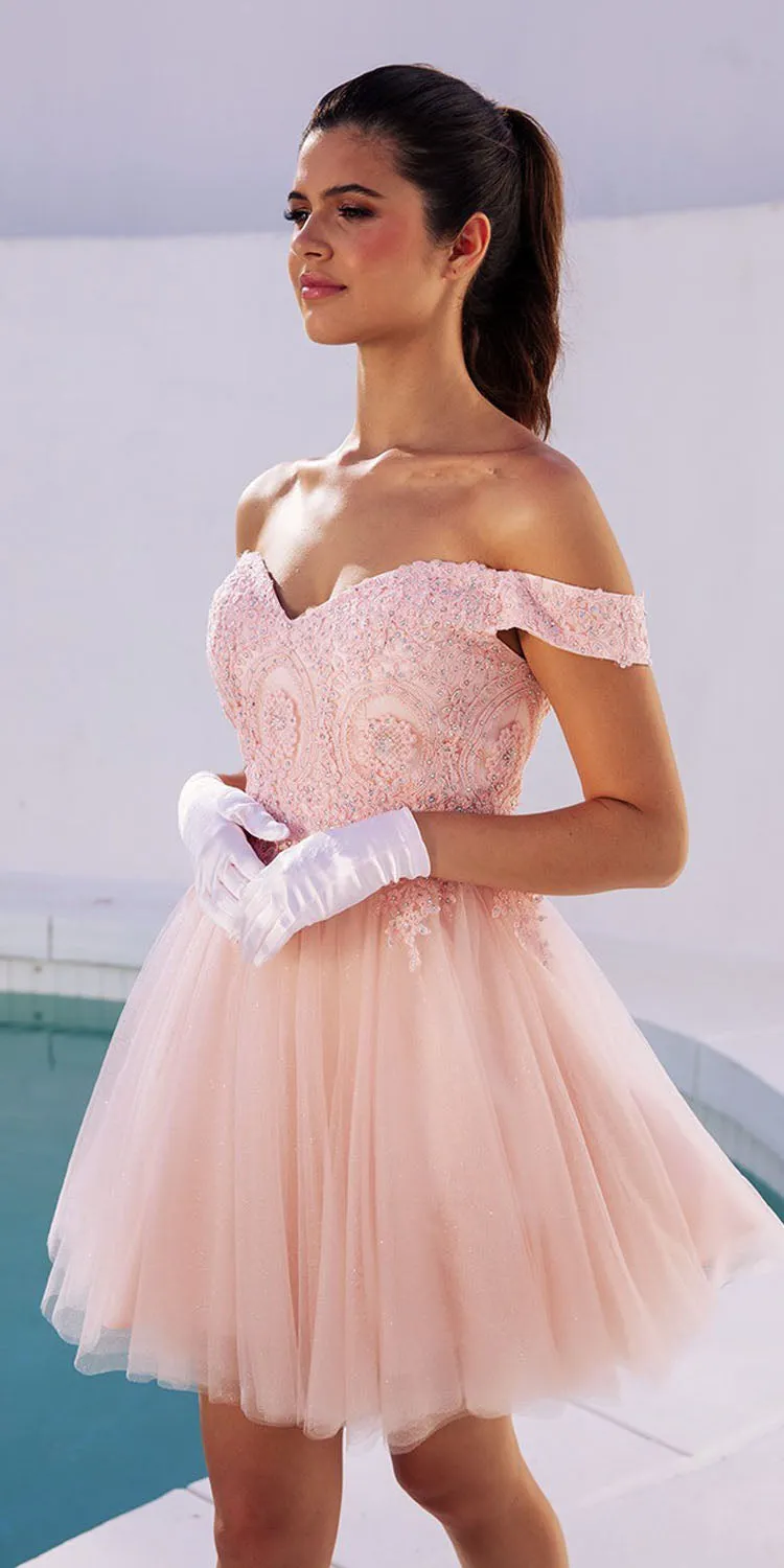Eureka 9833 Short A-Line Off Shoulder Glitter Mesh Dress