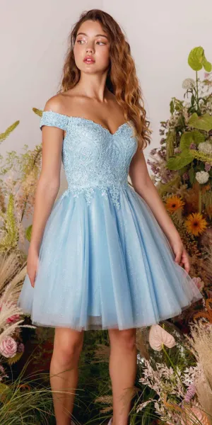 Eureka 9833 Short A-Line Off Shoulder Glitter Mesh Dress