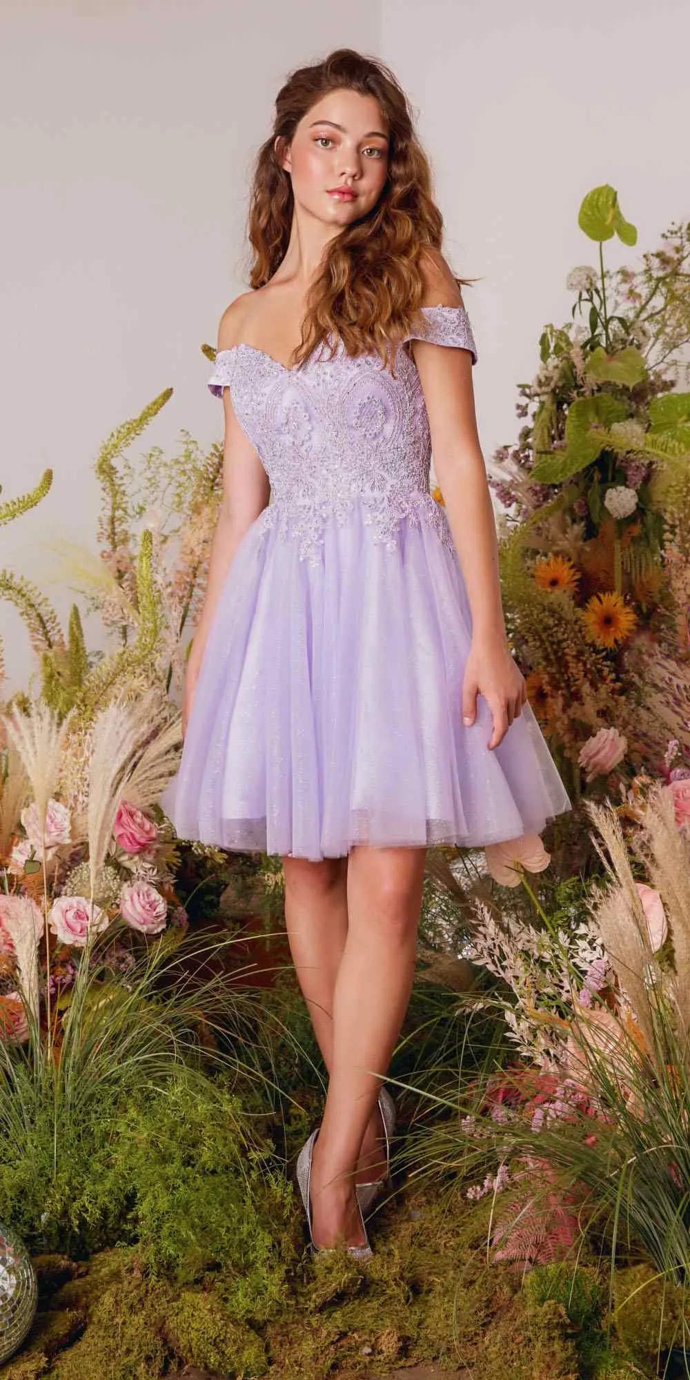 Eureka 9833 Short A-Line Off Shoulder Glitter Mesh Dress