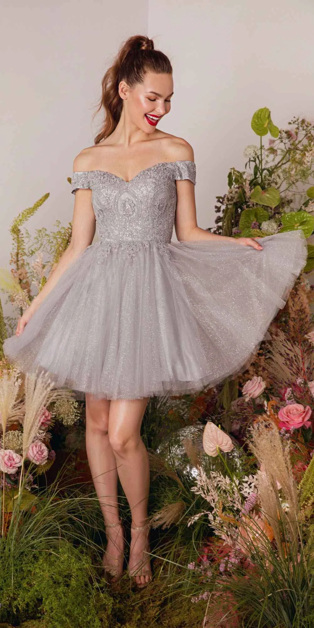 Eureka 9833 Short A-Line Off Shoulder Glitter Mesh Dress