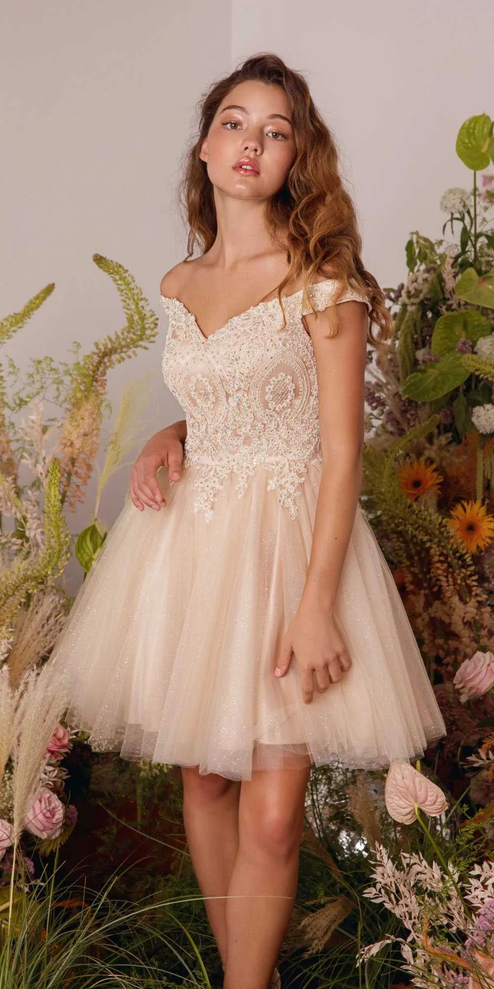 Eureka 9833 Short A-Line Off Shoulder Glitter Mesh Dress