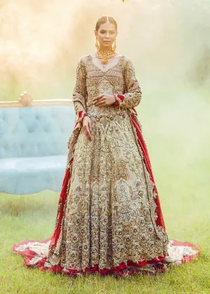 Exaggerated Designer Pakistani Bridal Dress in Heavily Embroidered Traditional Bridal Red and Golden Lehenga with Gown in Net Chiffon #BN920
