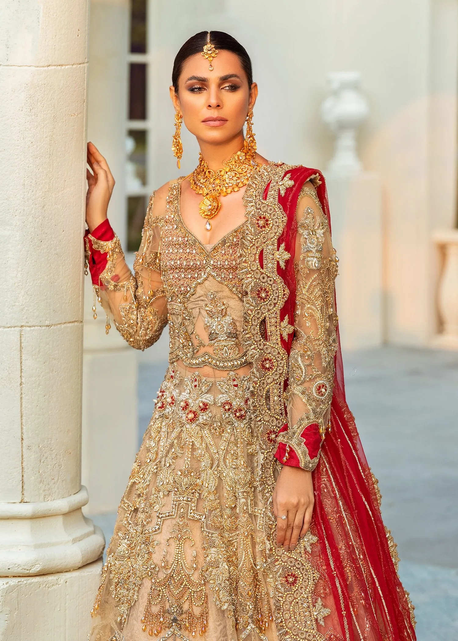 Exaggerated Designer Pakistani Bridal Dress in Heavily Embroidered Traditional Bridal Red and Golden Lehenga with Gown in Net Chiffon #BN920