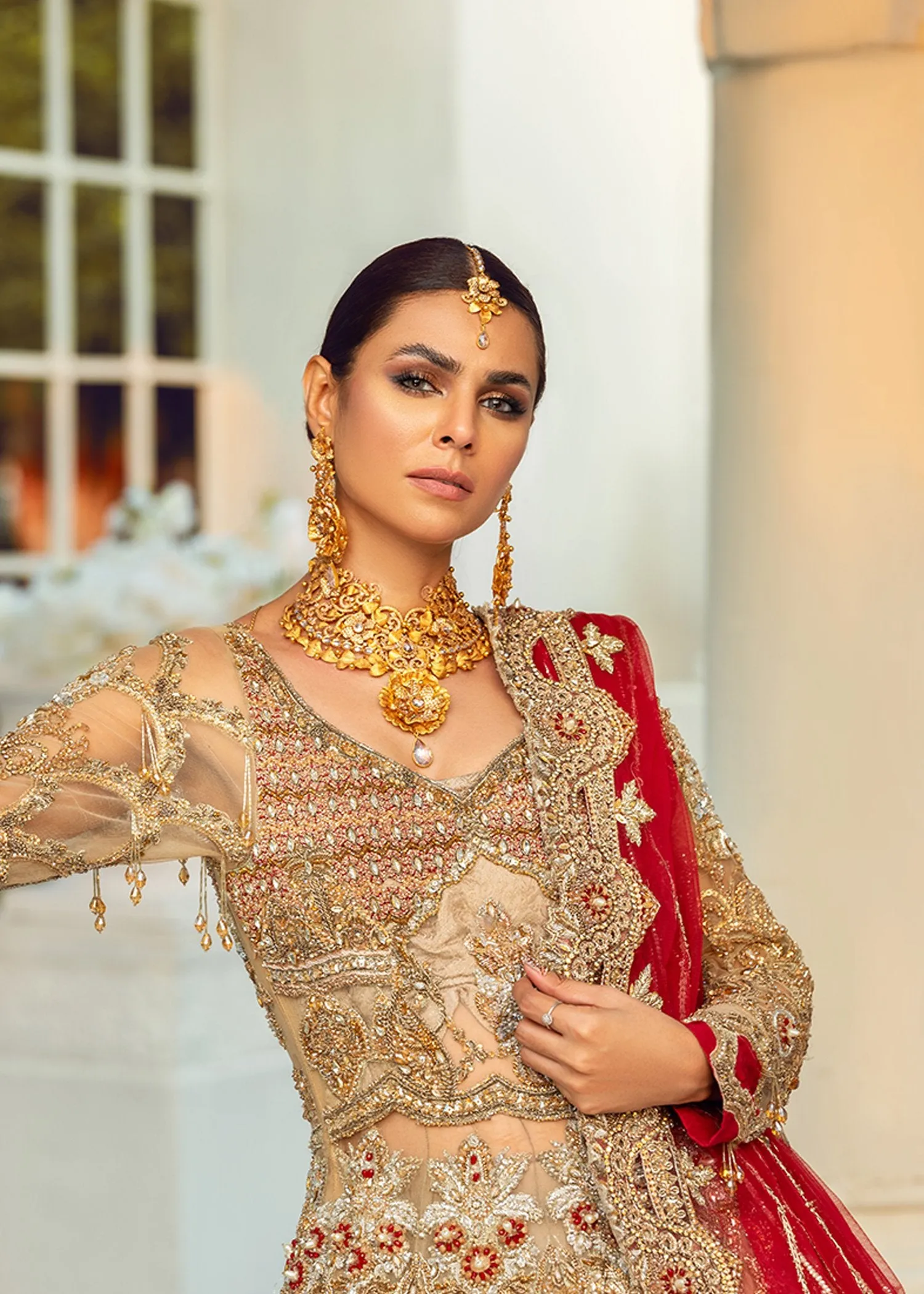 Exaggerated Designer Pakistani Bridal Dress in Heavily Embroidered Traditional Bridal Red and Golden Lehenga with Gown in Net Chiffon #BN920