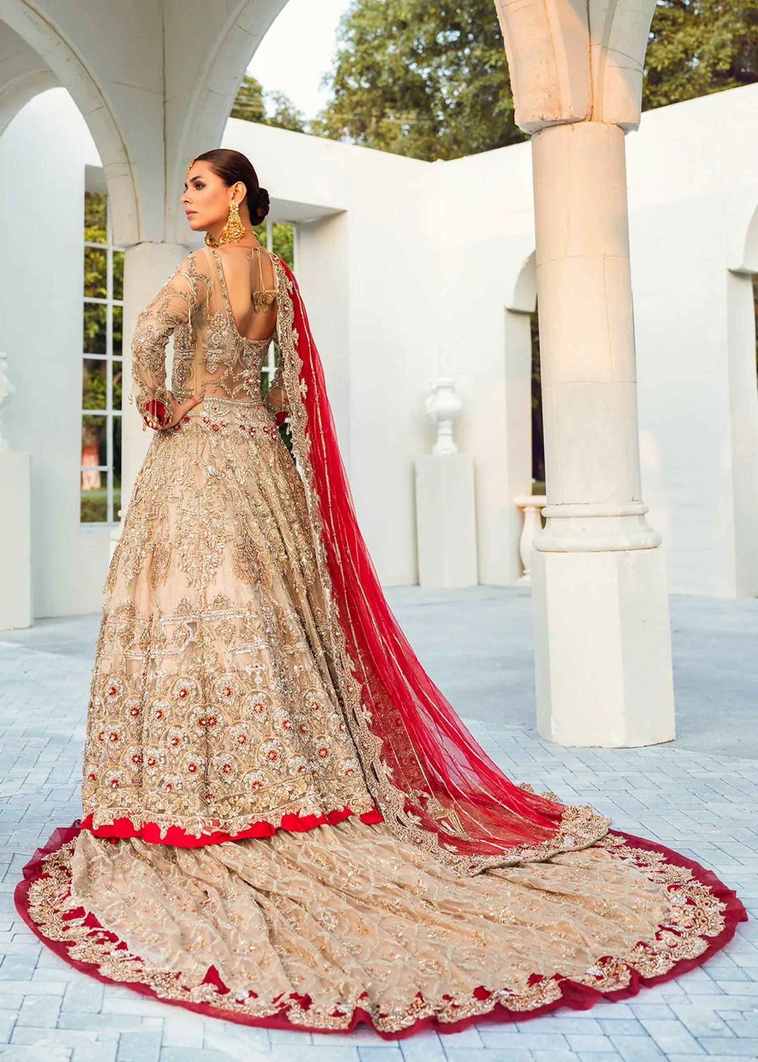 Exaggerated Designer Pakistani Bridal Dress in Heavily Embroidered Traditional Bridal Red and Golden Lehenga with Gown in Net Chiffon #BN920