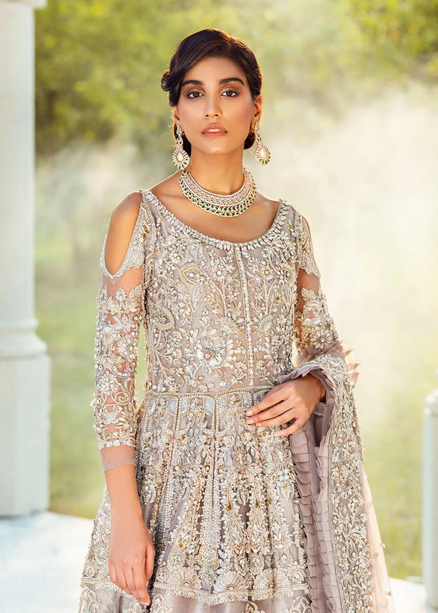 Exaggerated Designer Pakistani Bridal Lehenga Dress in Embellished Silver Lehenga Gown with Heavy Zardozi Work on Net Chiffon #BN921