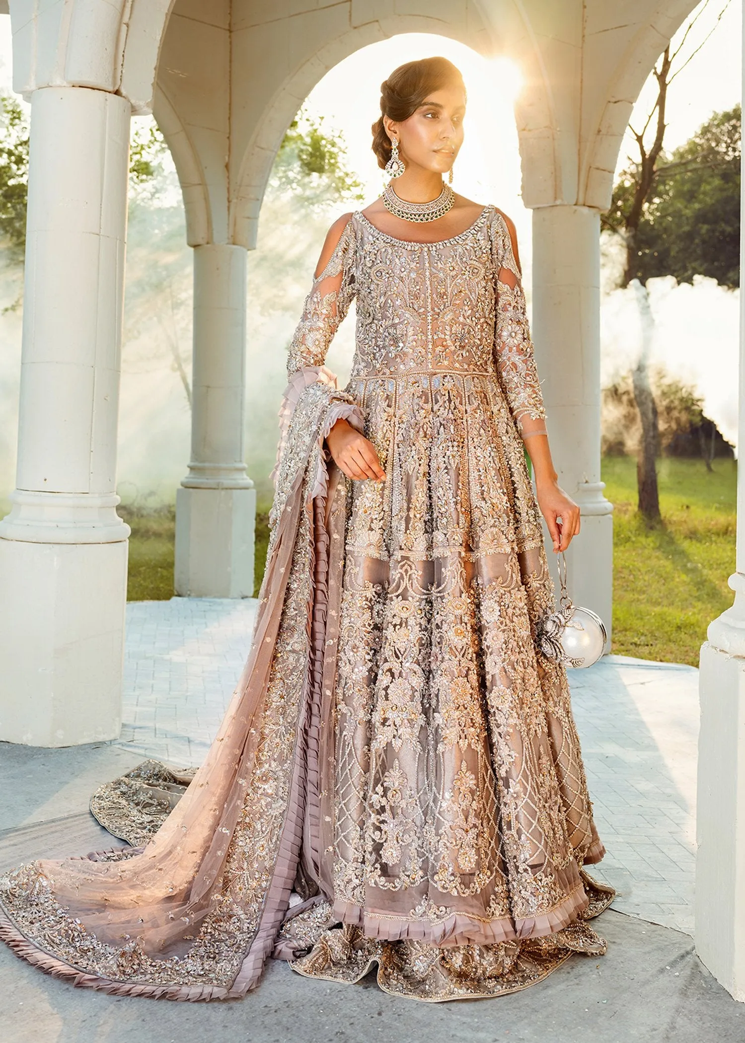 Exaggerated Designer Pakistani Bridal Lehenga Dress in Embellished Silver Lehenga Gown with Heavy Zardozi Work on Net Chiffon #BN921