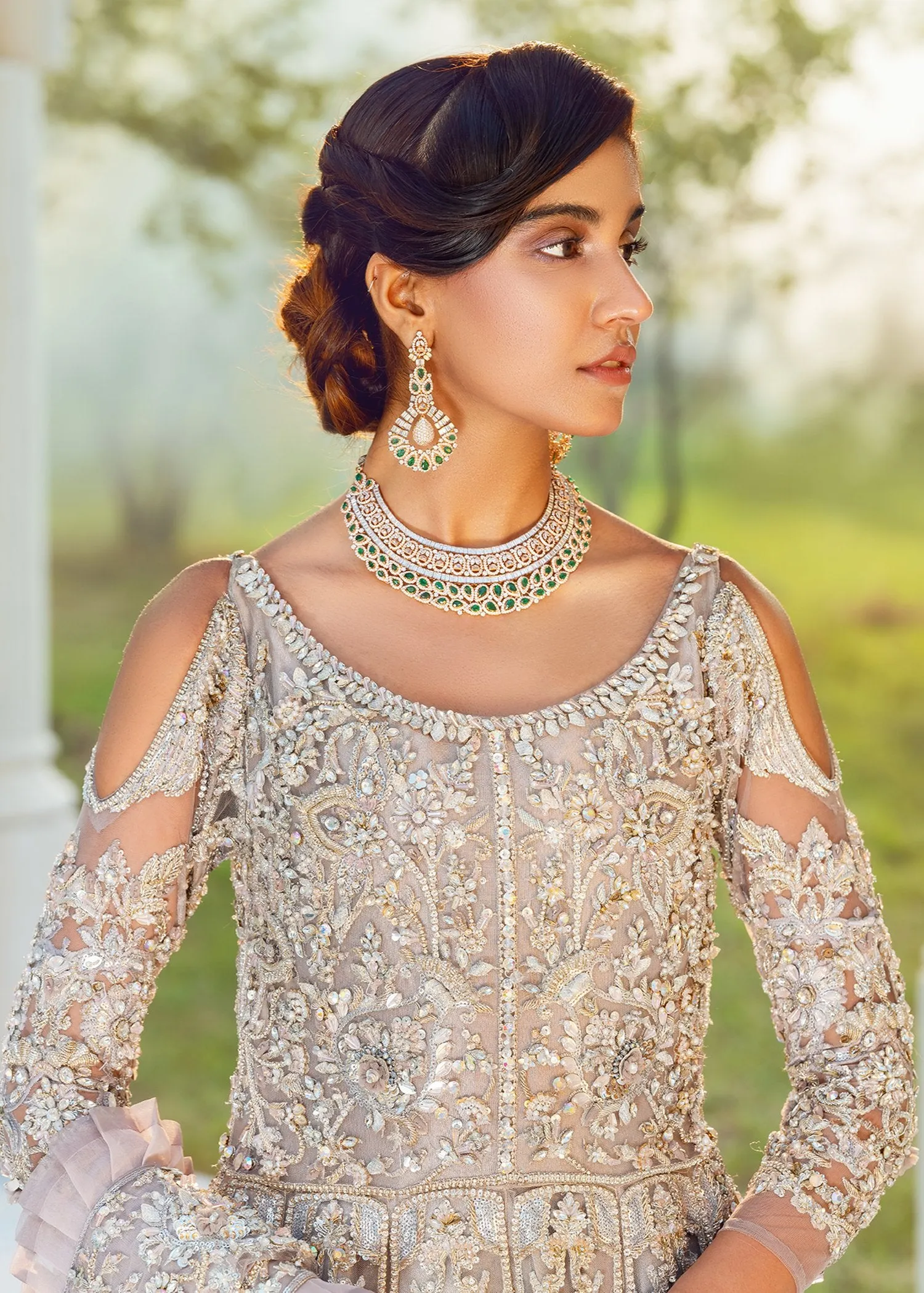 Exaggerated Designer Pakistani Bridal Lehenga Dress in Embellished Silver Lehenga Gown with Heavy Zardozi Work on Net Chiffon #BN921