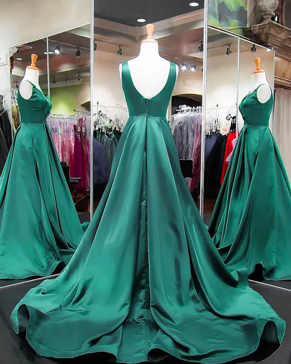 Fashion 2018 Green Satin Prom Dresses V-Neckline 2018 New Long Prom Gowns Evening Dress