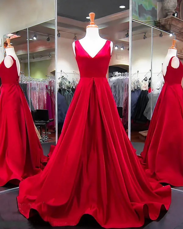 Fashion 2018 Green Satin Prom Dresses V-Neckline 2018 New Long Prom Gowns Evening Dress