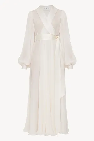 Floor length floaty chiffon wrap white dress