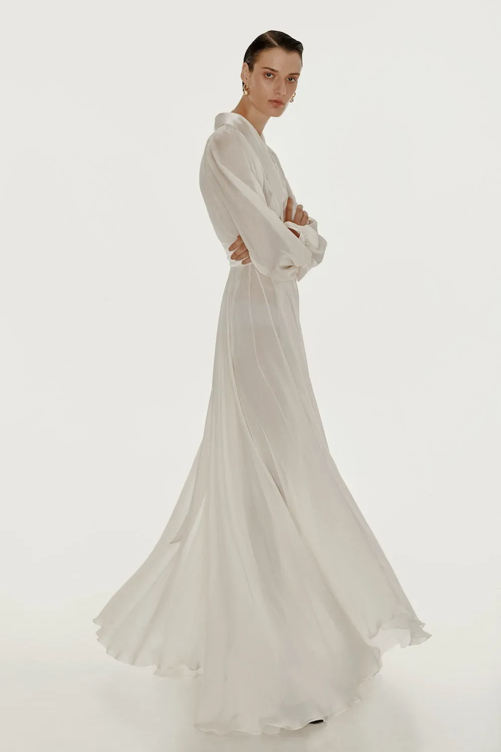 Floor length floaty chiffon wrap white dress