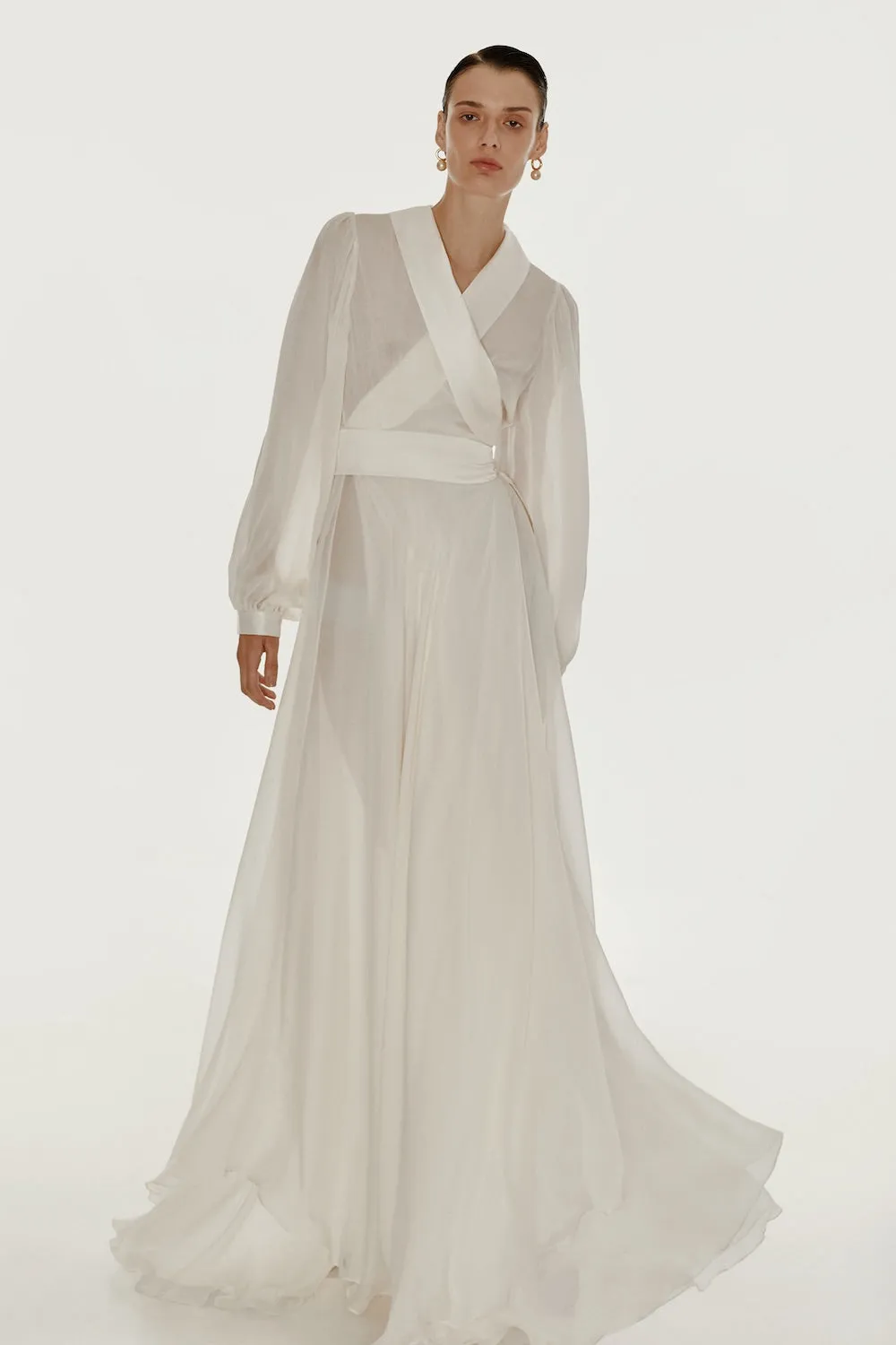 Floor length floaty chiffon wrap white dress