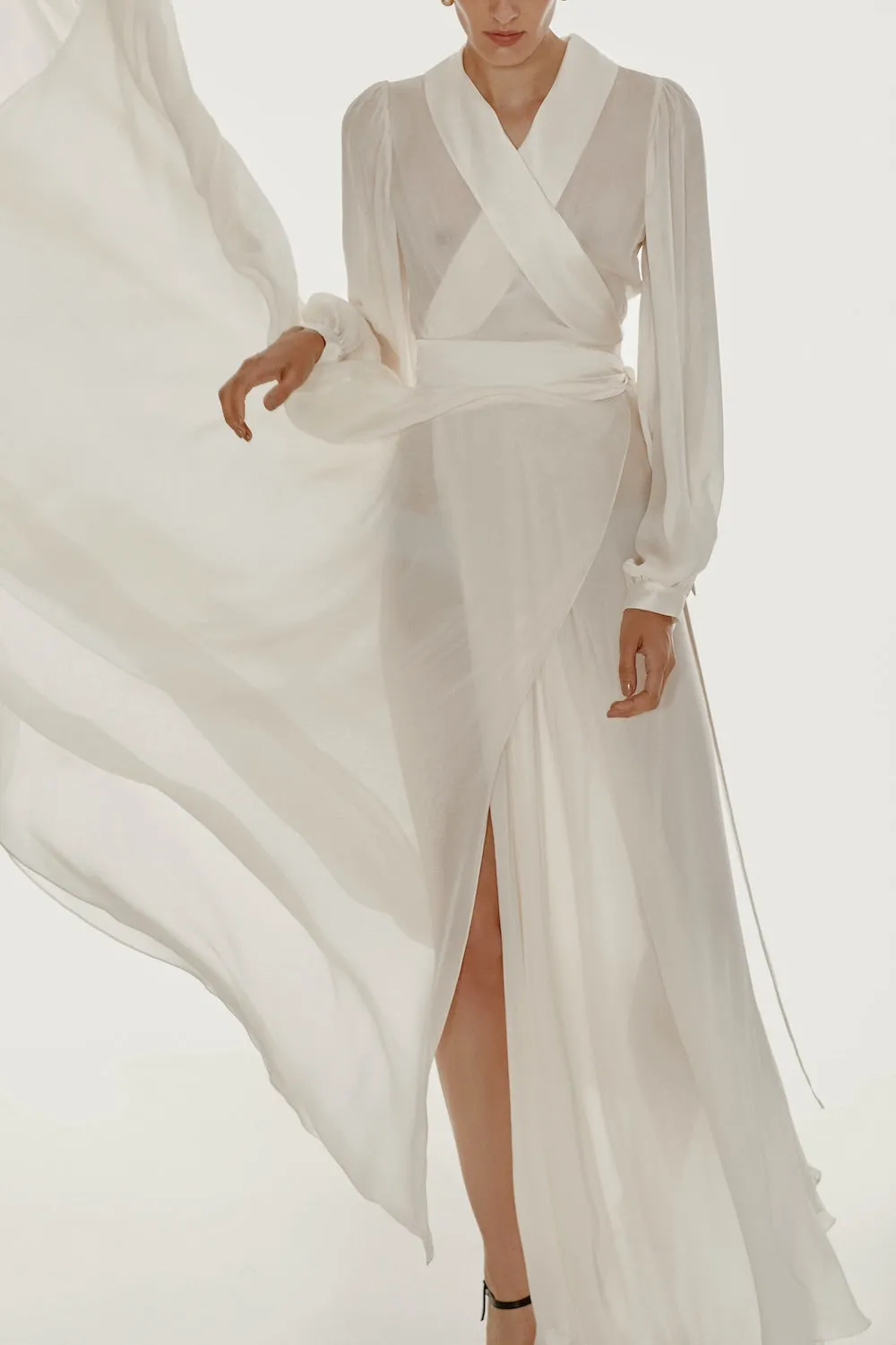 Floor length floaty chiffon wrap white dress