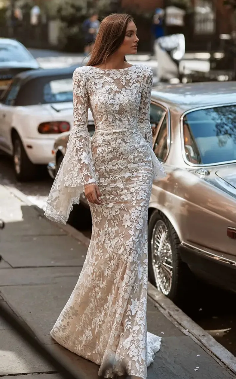 Floral Elegant Mermaid Long Bell Sleeve Bohemian Wedding Dress Bateau Neckline Backless Bridal Gown with Train