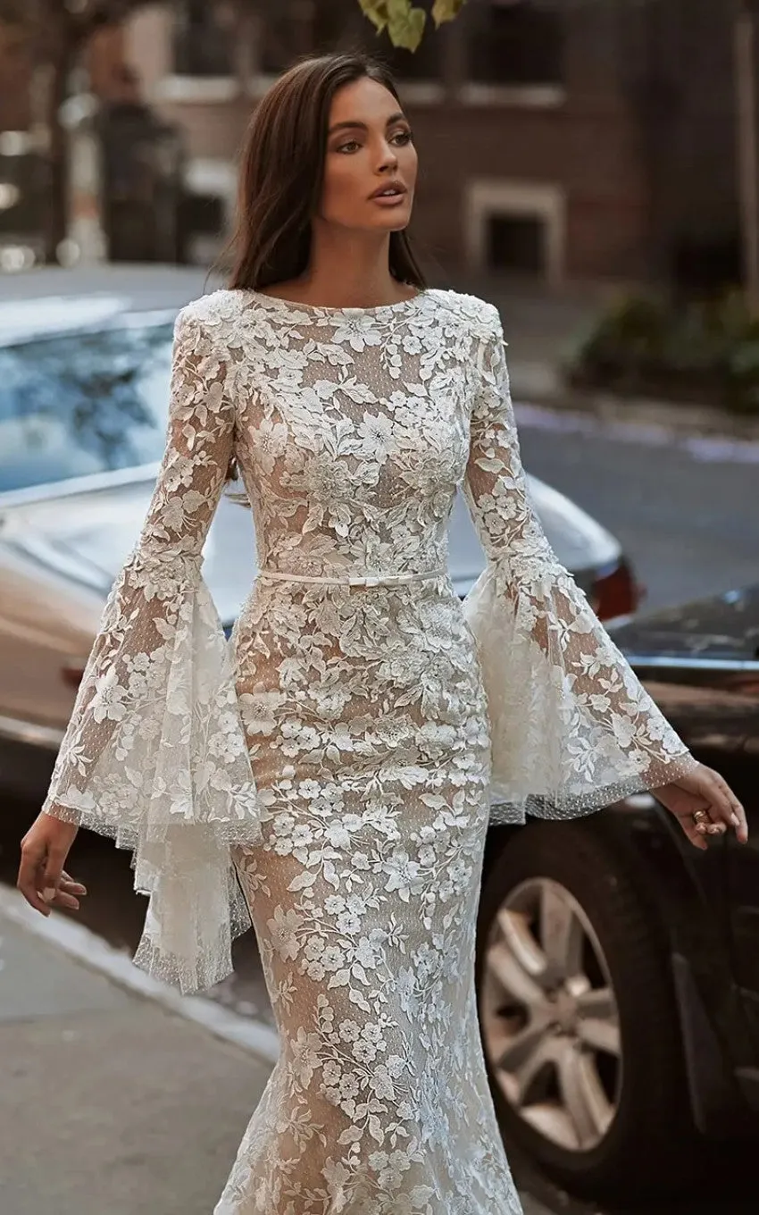 Floral Elegant Mermaid Long Bell Sleeve Bohemian Wedding Dress Bateau Neckline Backless Bridal Gown with Train