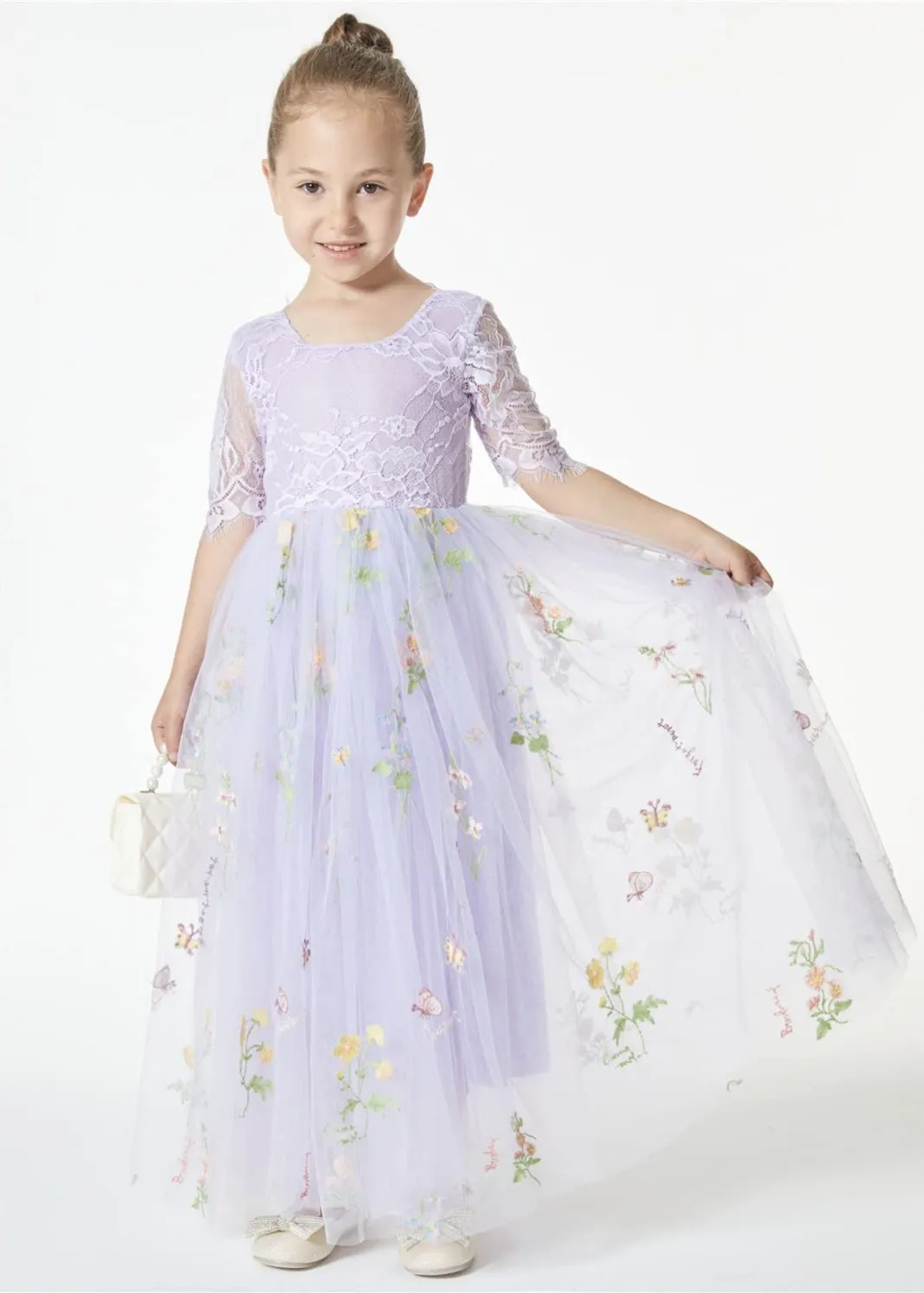 Floral Embroidered Tulle Lace Girl Dress in Purple