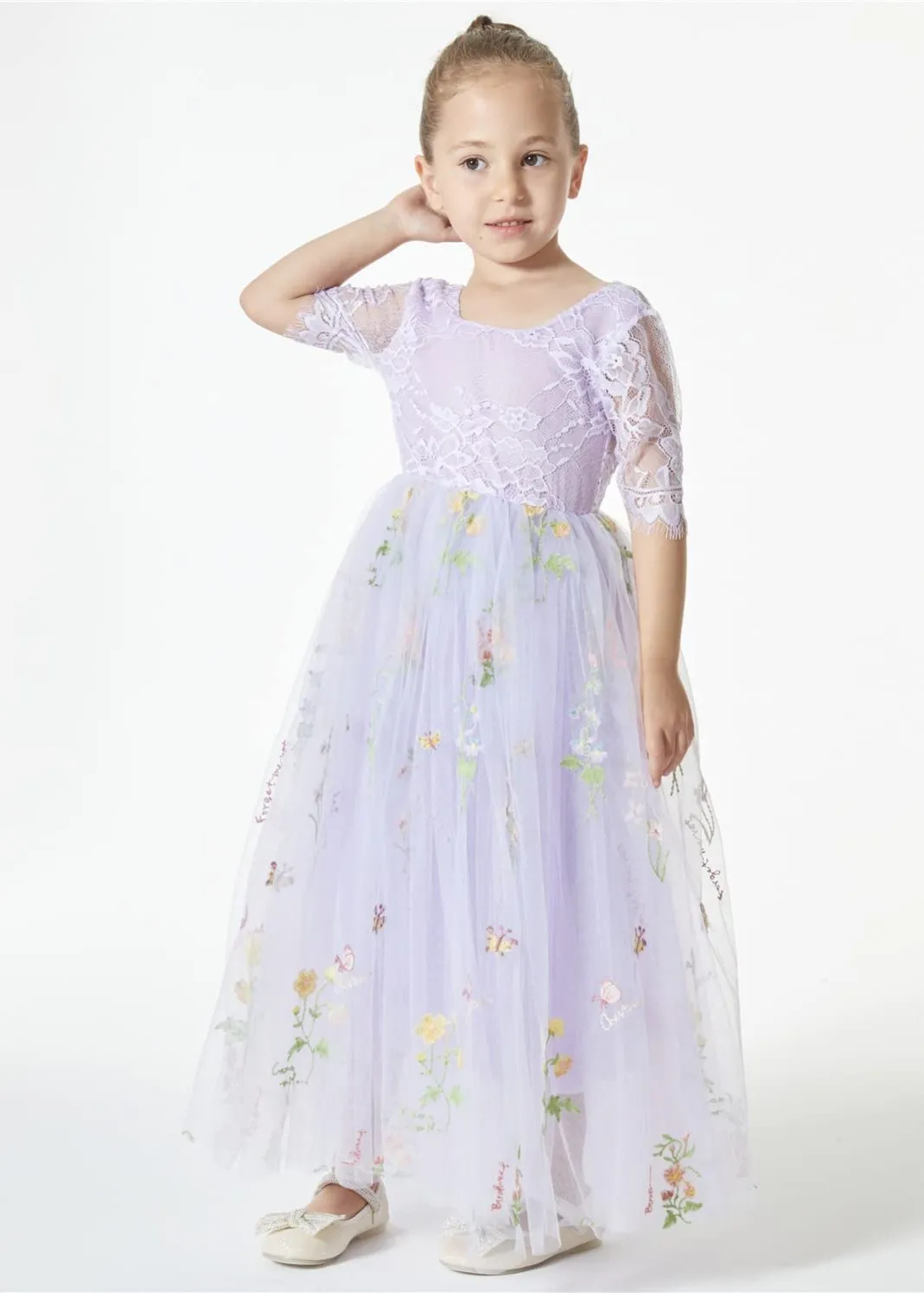 Floral Embroidered Tulle Lace Girl Dress in Purple