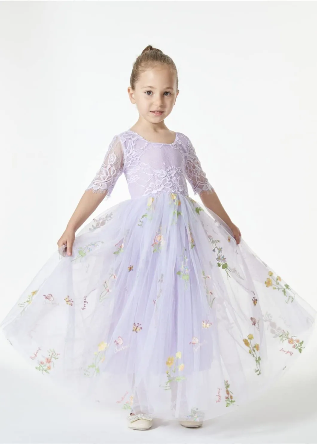 Floral Embroidered Tulle Lace Girl Dress in Purple