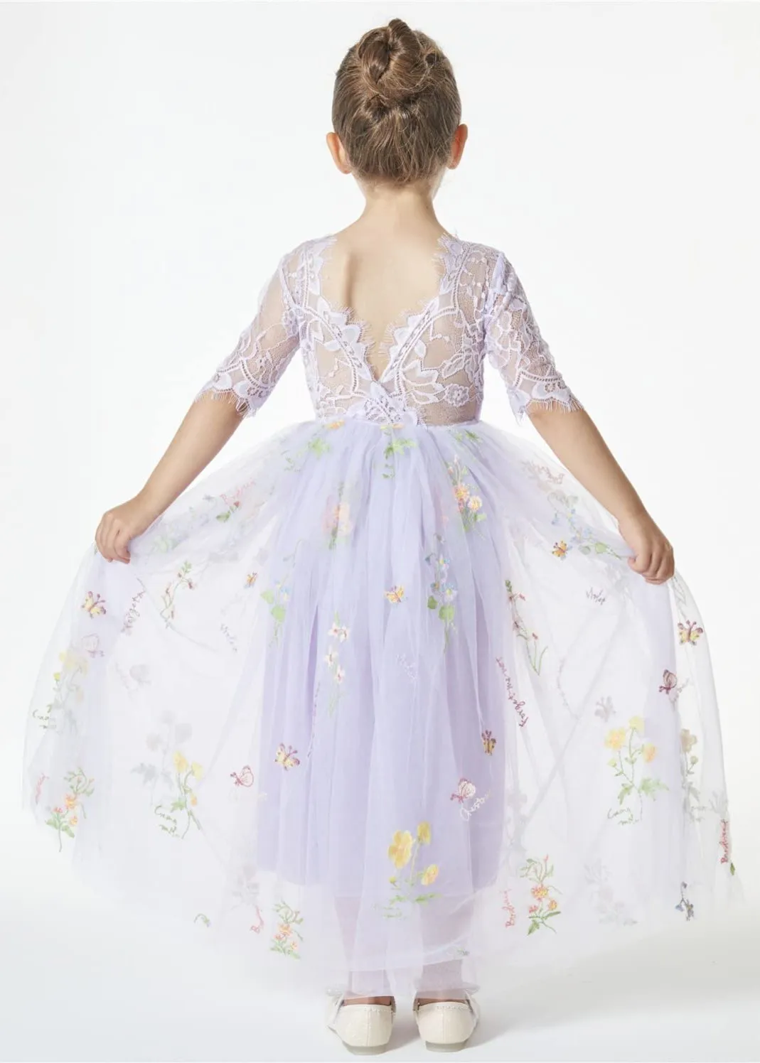 Floral Embroidered Tulle Lace Girl Dress in Purple