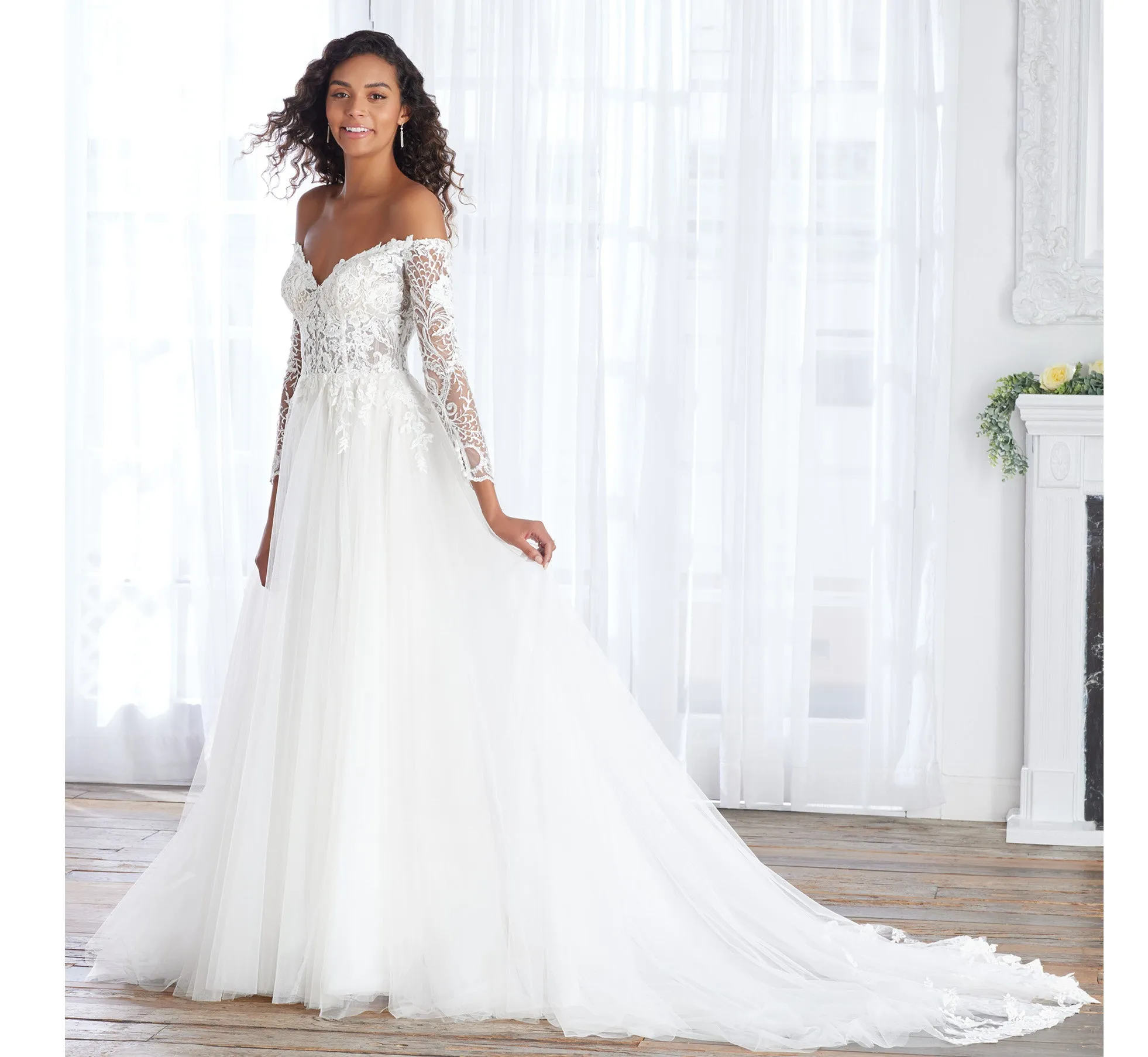 Floral Lace And Tulle Off-The-Shoulder Gown In Ivory Almond Nude