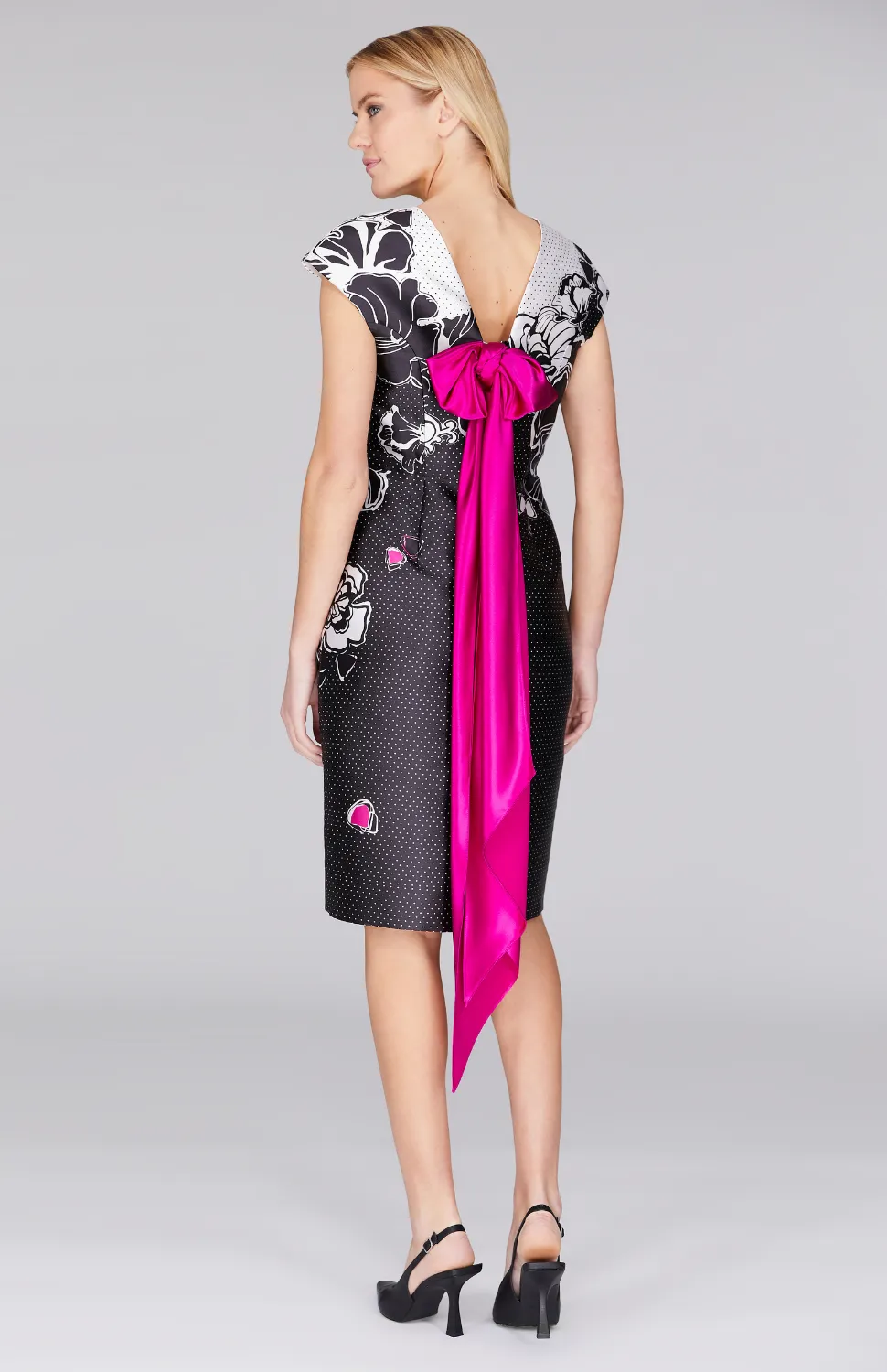 Floral Polka Dot Fitted Cap Sleeve Dress w/ Satin Bow