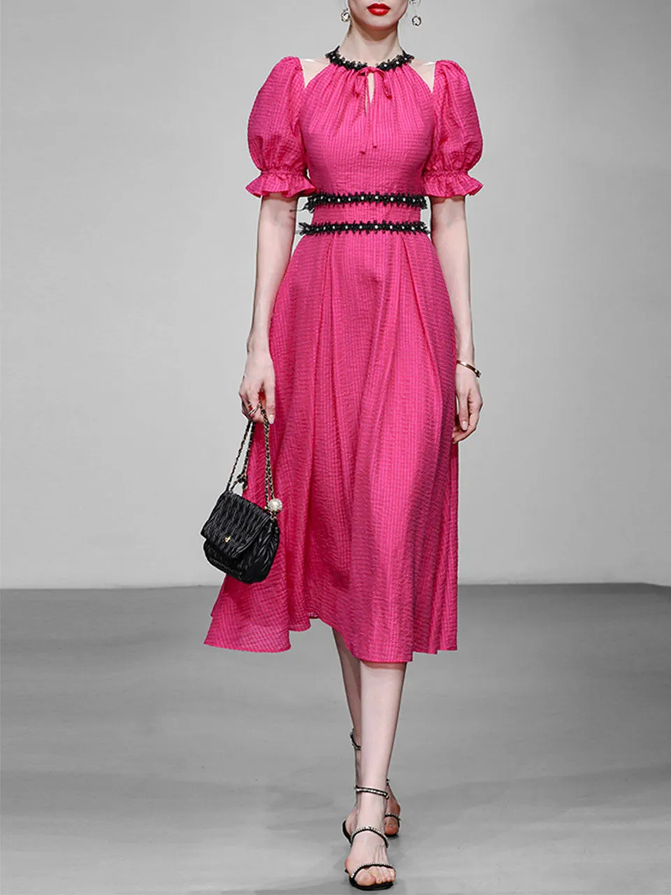 Fuchsia Hand Beaded Special Fabric Texture Off-Shoulder 1950S Swing Dress