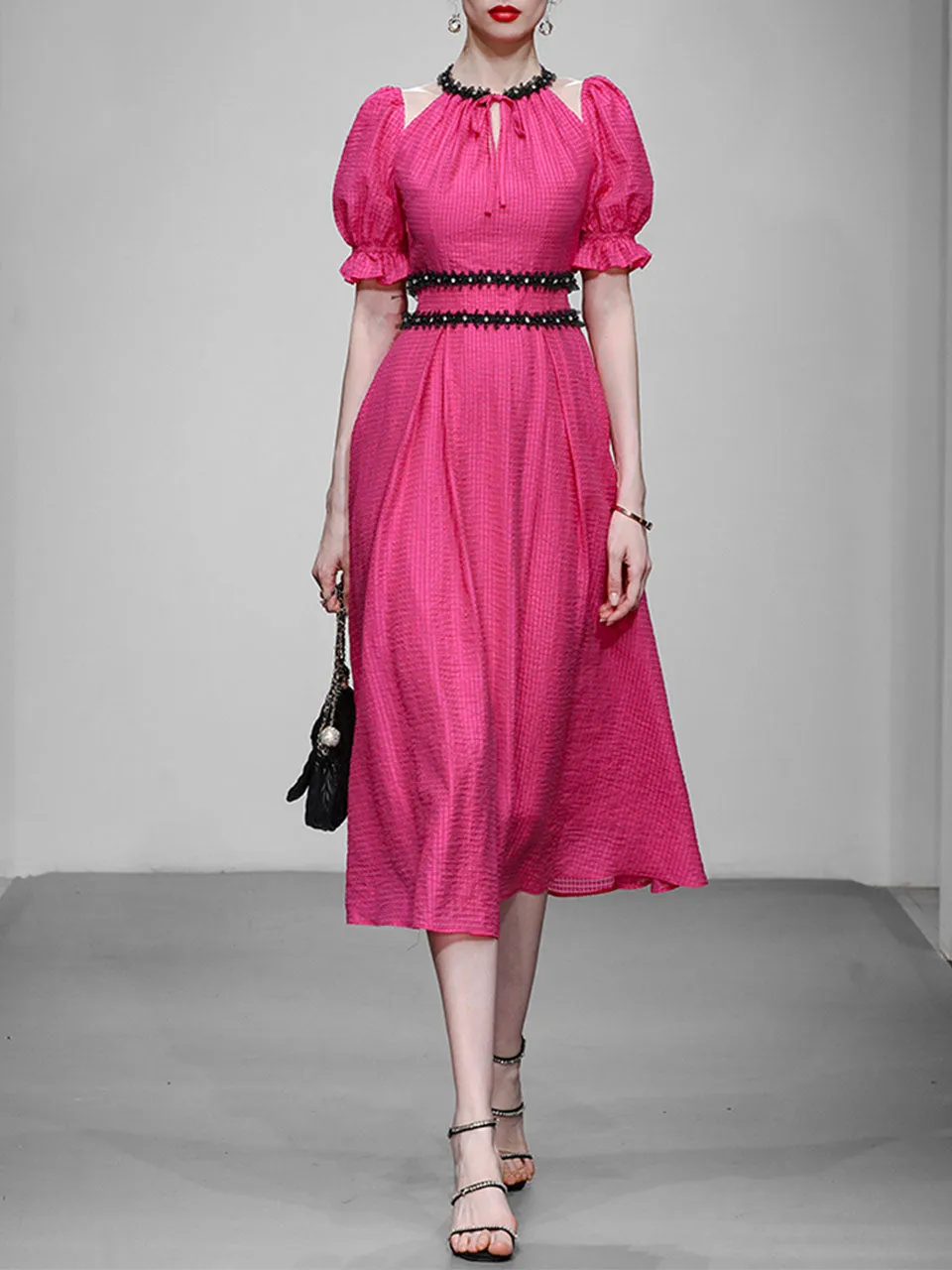 Fuchsia Hand Beaded Special Fabric Texture Off-Shoulder 1950S Swing Dress