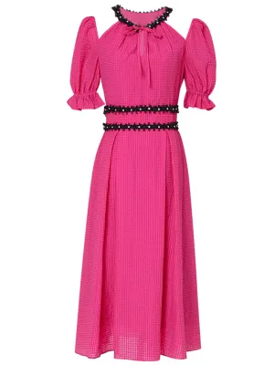 Fuchsia Hand Beaded Special Fabric Texture Off-Shoulder 1950S Swing Dress