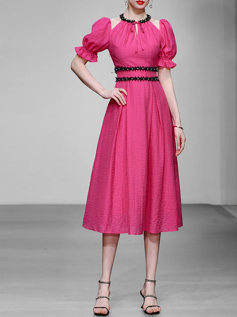 Fuchsia Hand Beaded Special Fabric Texture Off-Shoulder 1950S Swing Dress