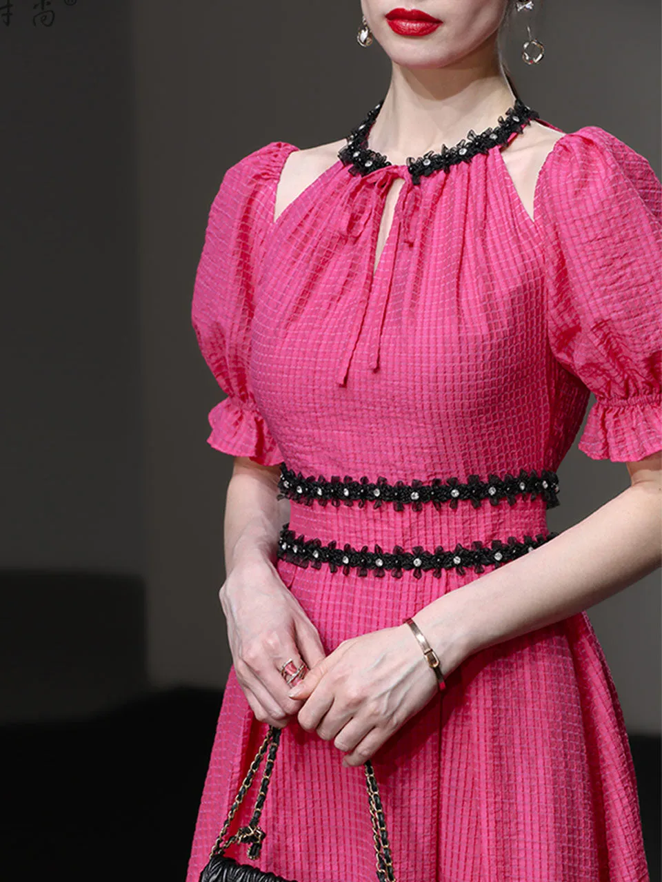 Fuchsia Hand Beaded Special Fabric Texture Off-Shoulder 1950S Swing Dress