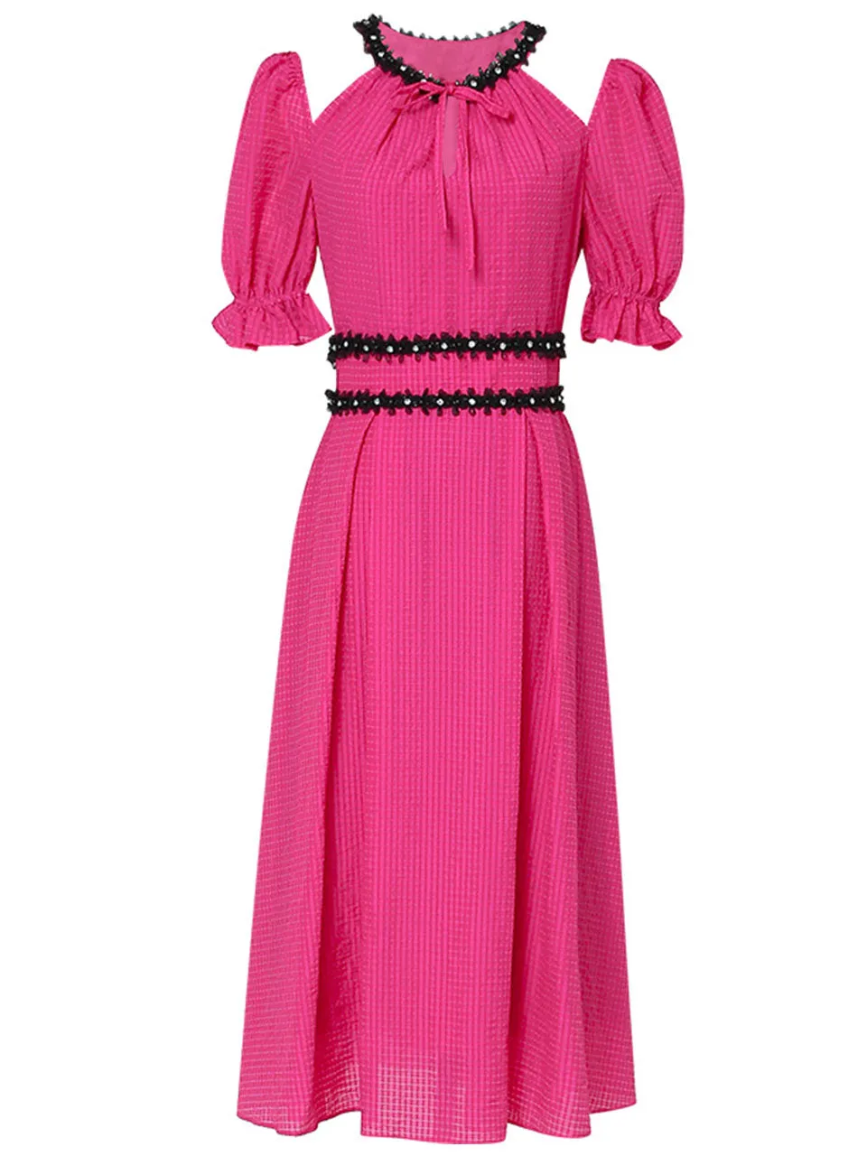 Fuchsia Hand Beaded Special Fabric Texture Off-Shoulder 1950S Swing Dress
