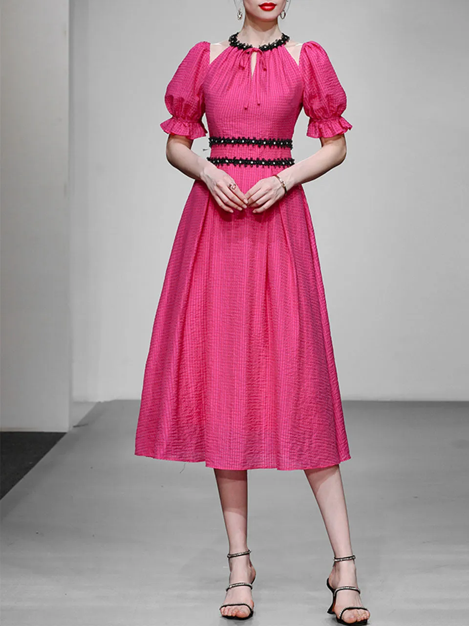 Fuchsia Hand Beaded Special Fabric Texture Off-Shoulder 1950S Swing Dress