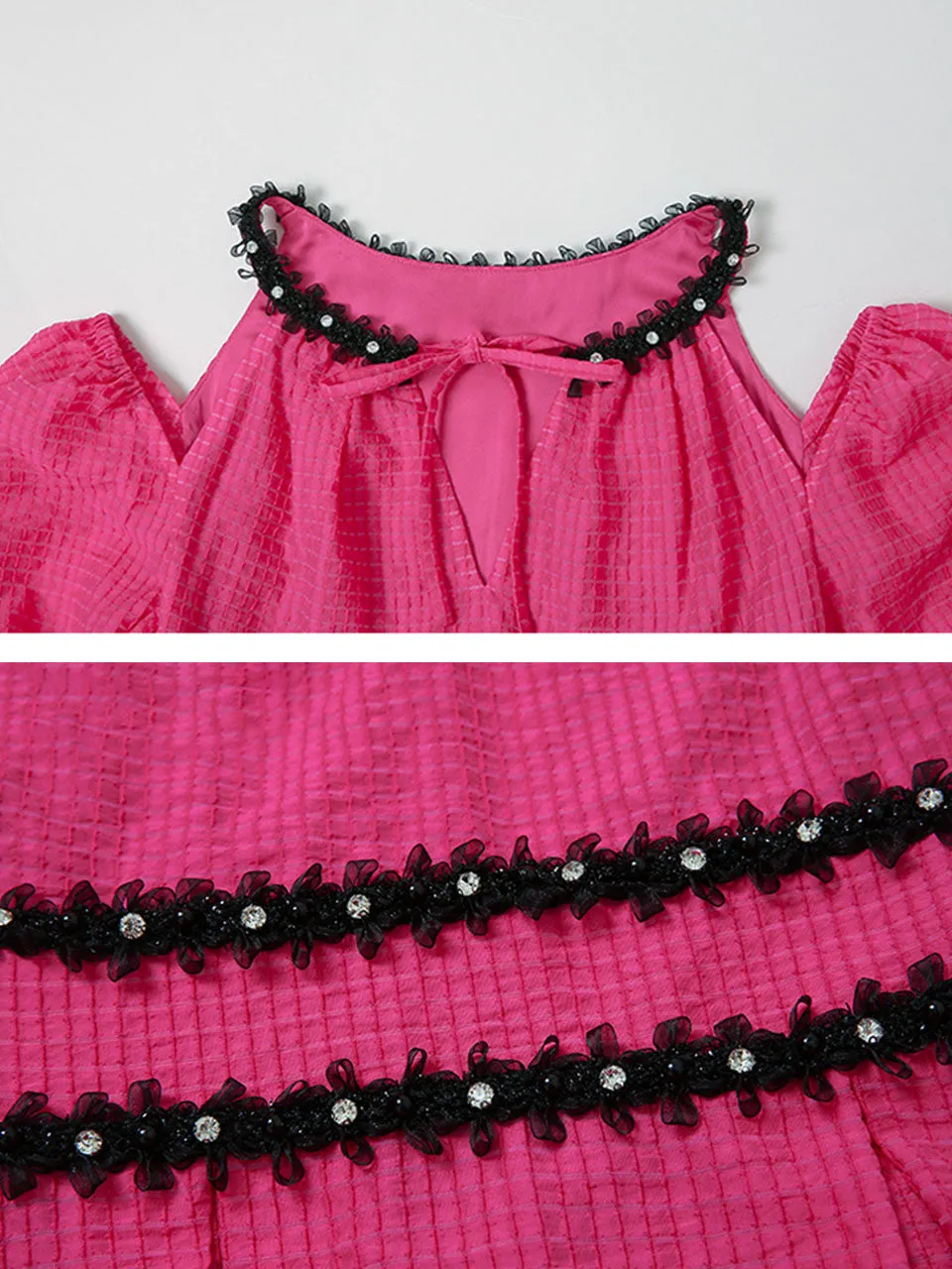 Fuchsia Hand Beaded Special Fabric Texture Off-Shoulder 1950S Swing Dress