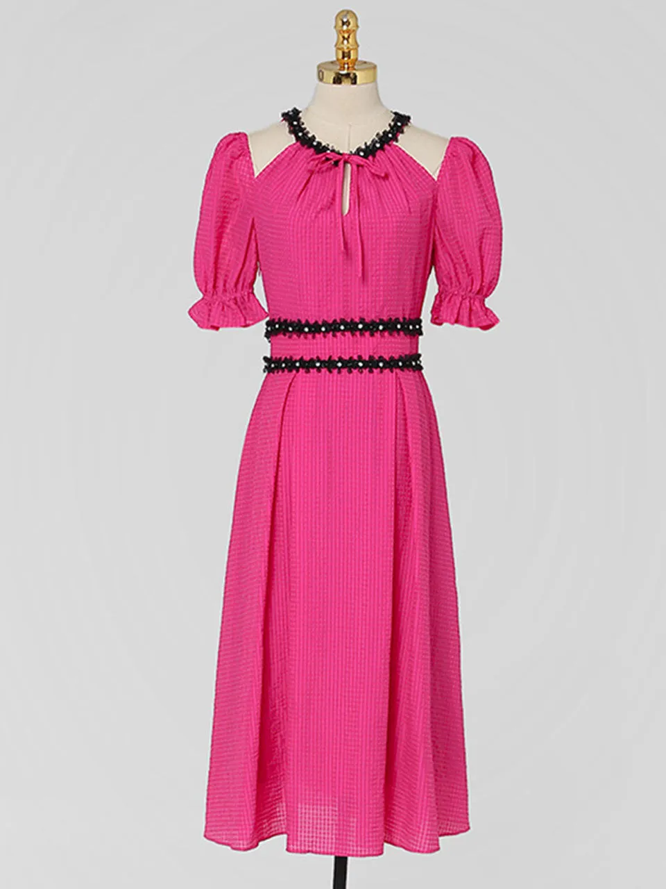 Fuchsia Hand Beaded Special Fabric Texture Off-Shoulder 1950S Swing Dress