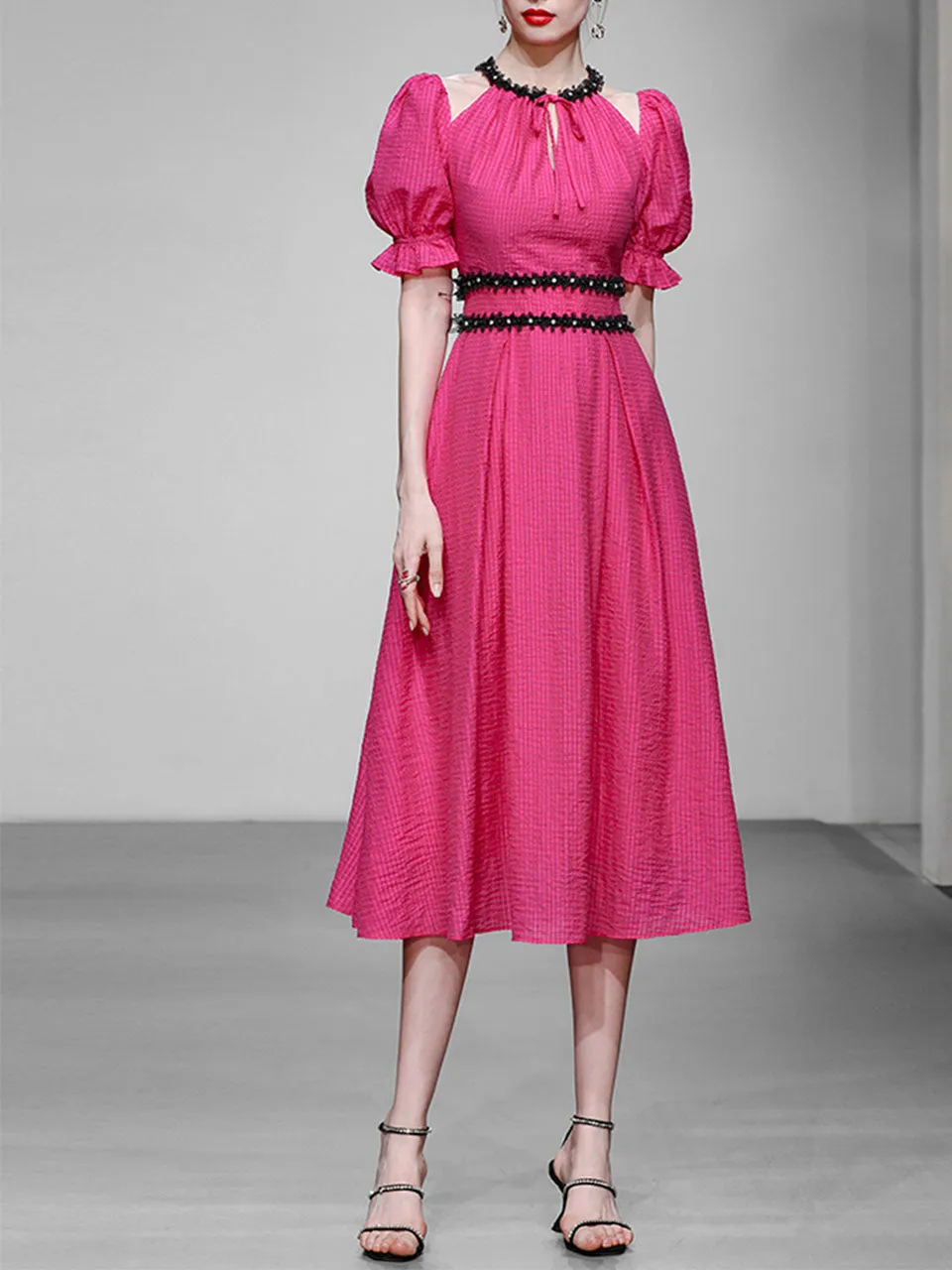 Fuchsia Hand Beaded Special Fabric Texture Off-Shoulder 1950S Swing Dress