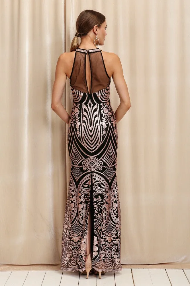 FULL BODY SEQUINS PARTY DRESS, UNIQUE DESIGN WITH HIGH NECK, RHINESTONES, LACE BACK AND BACK SLIT